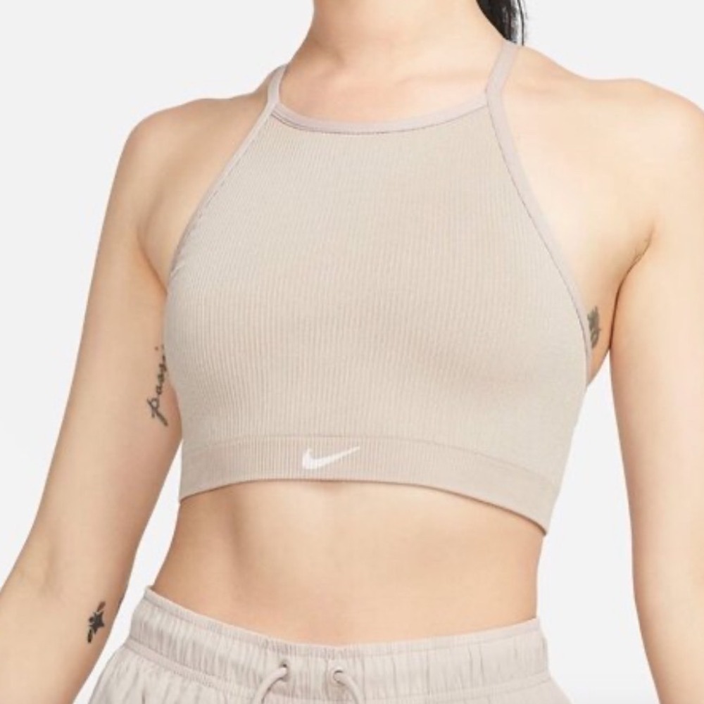 Nike Indy Bra Womens Medium Taupe Beige Pink Ribbed Training Sports Bra NWT
